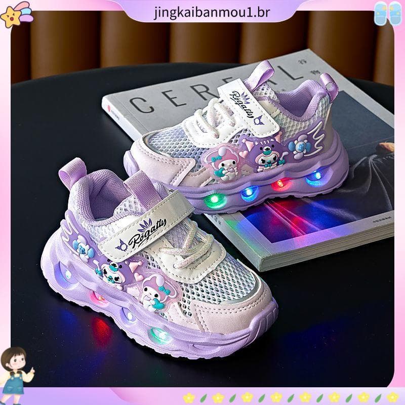 Crianças tênis de corrida Kuromi malha única respirável verão sapatos esportivos princesa sapatos luminosos sapatos de c