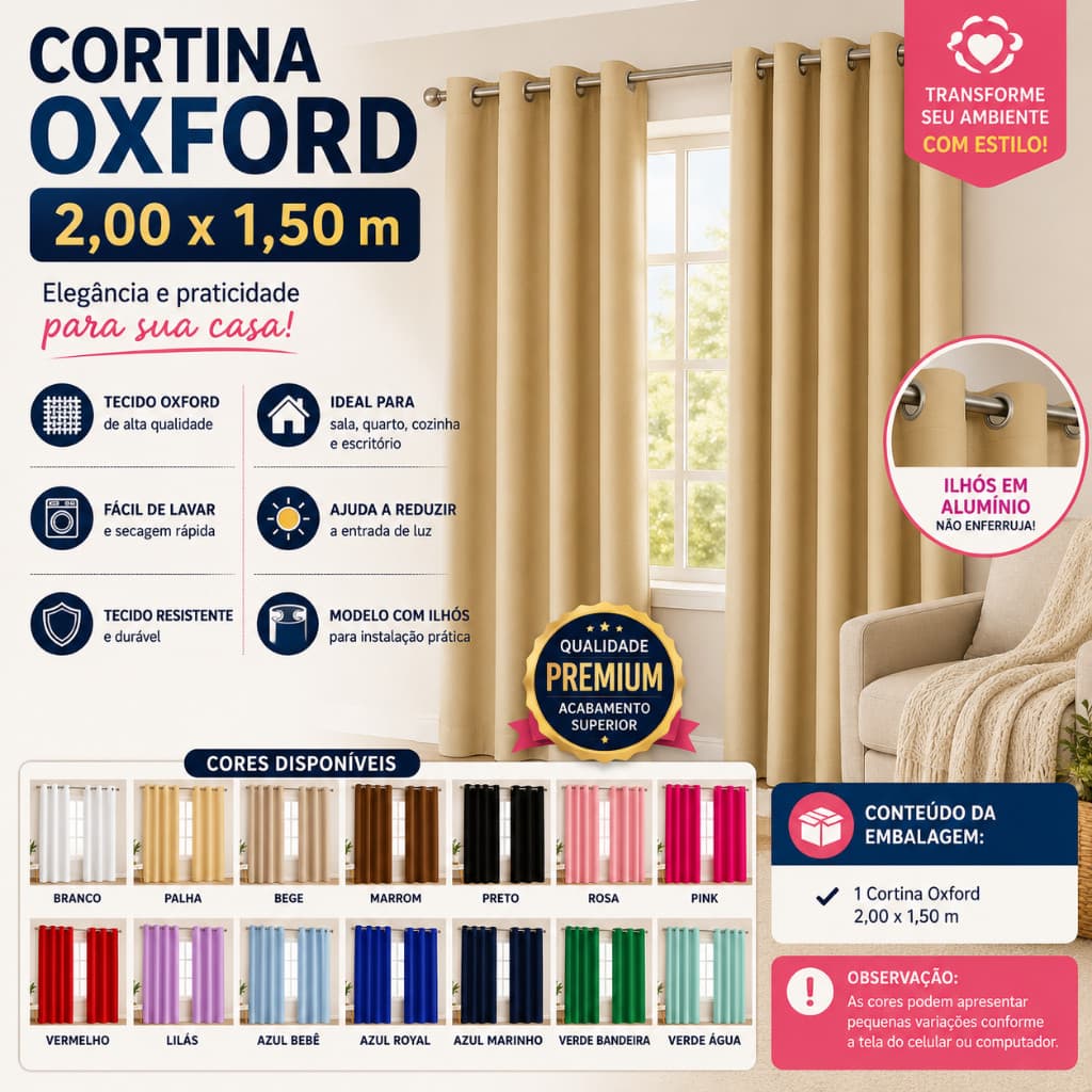 Cortina Oxford 2,00 x 1,50m com Ilhós Tecido Grosso Sala Quarto Cozinha Diversas Cores