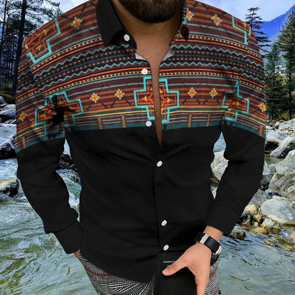 Camisa Masculina com Estampa Étnica, Estilo Fashion, Gola de Lapela, Camisa de Manga Longa Havaiana para Praia e Férias