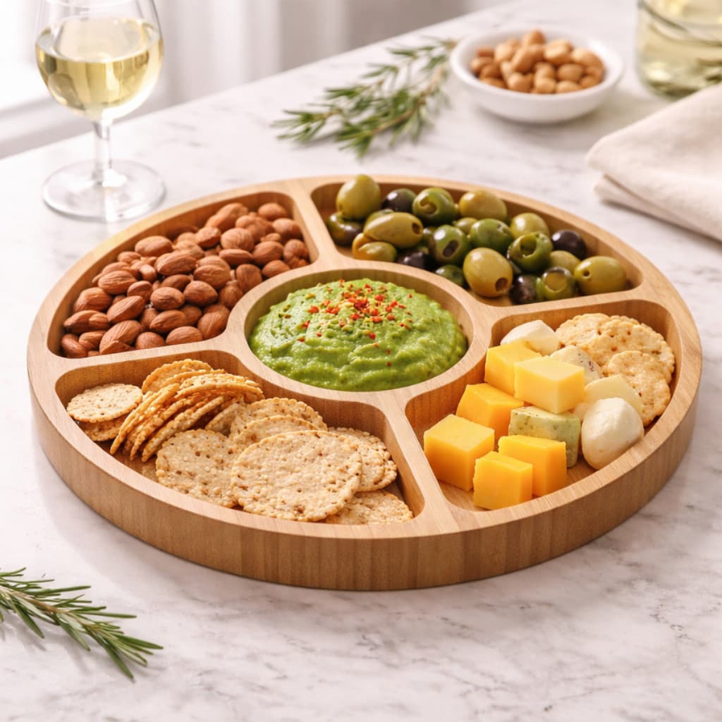 Petisqueira de Bambu Lyor Round 25cm 5 Divisórias Para Frios Queijos Petiscos e Aperitivos Elegante