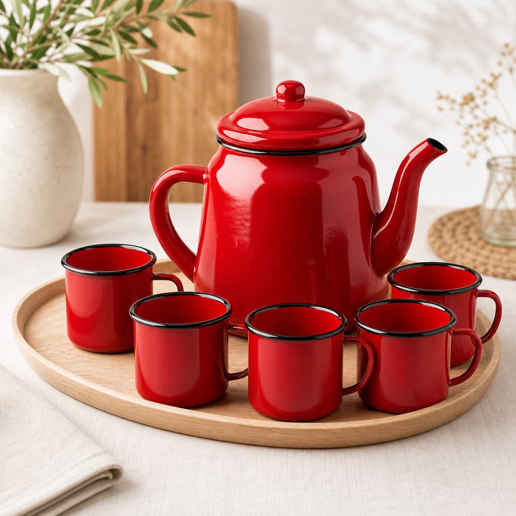 Bule Esmaltado Ágata 1 Litro Vermelho Retrô Vintage Chá Café Leite Fogão Camping Cozinha