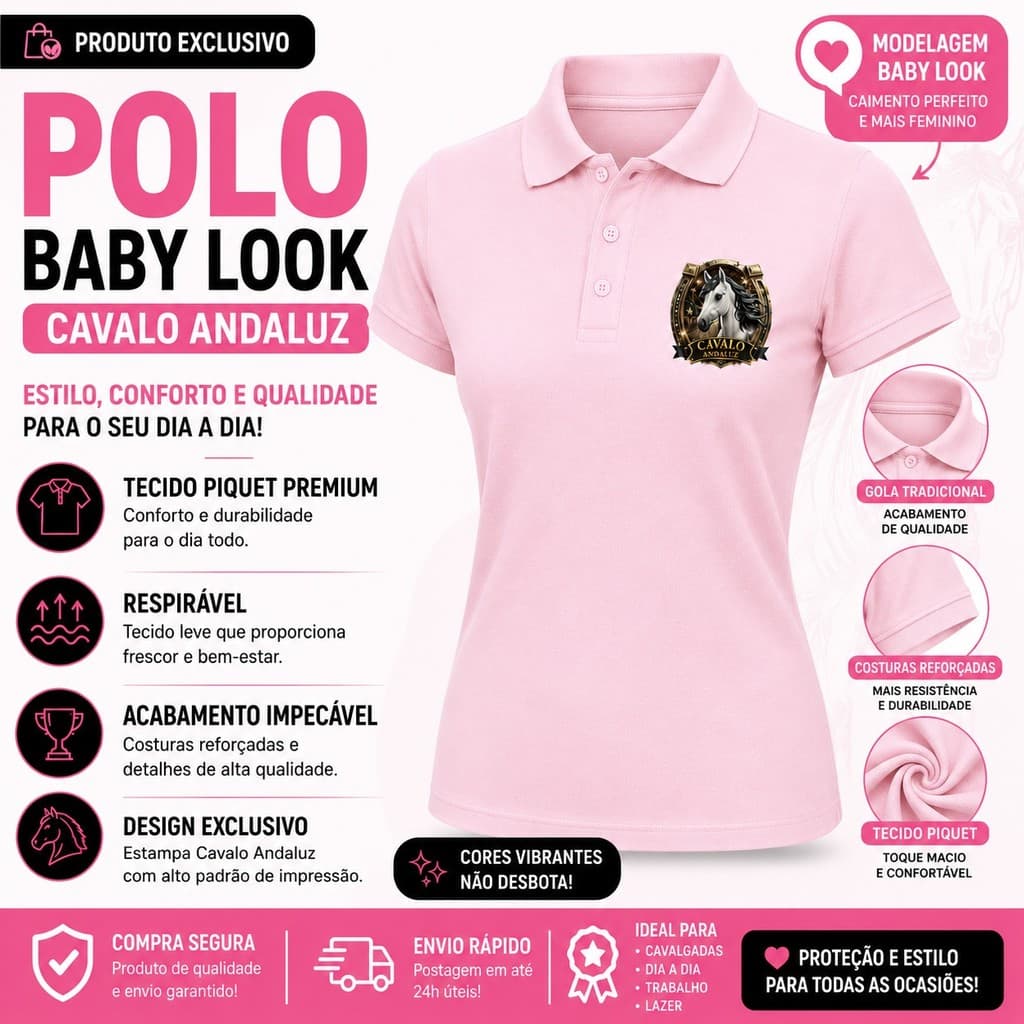 Camisa Polo Feminina Baby Look Cavalo Andaluz