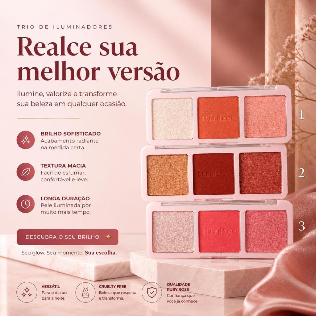 Trio de blush e iluminador cores - Ruby Rose