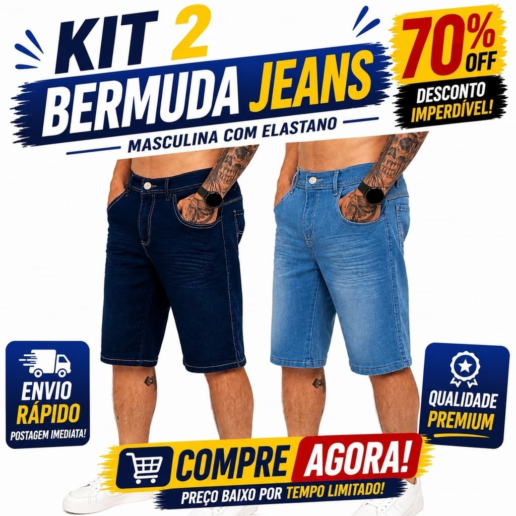 KIT Com 2 Bermudas Jeans Lisa Lycra Elastano para Homens Modernos
