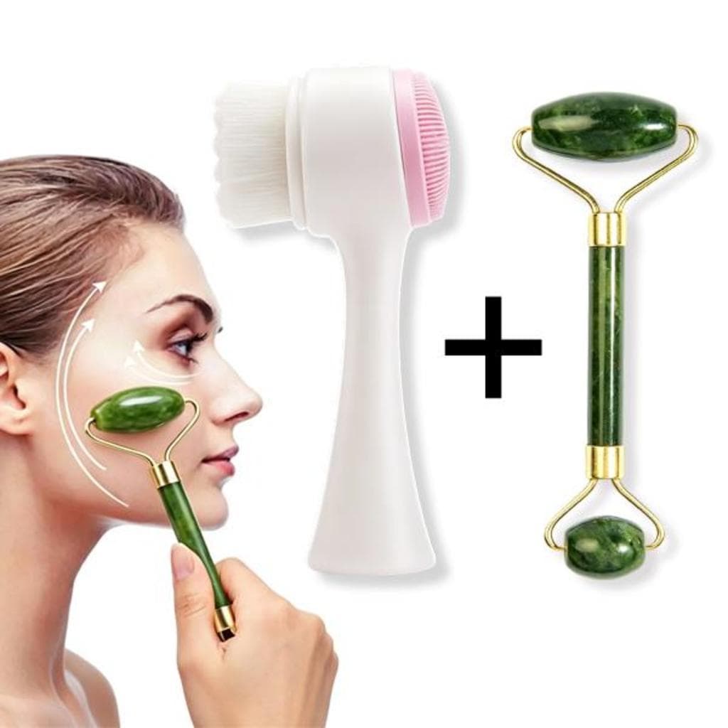 Kit Escova de Limpeza Facial Dupla Face + Rolo de Jade para Reduzir Inchaço e Limpar Poros