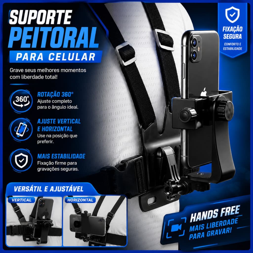 Suporte de Peito Para Celular e Gopro Peitoral Peito ajustável Câmera Esportivo Moto Bike