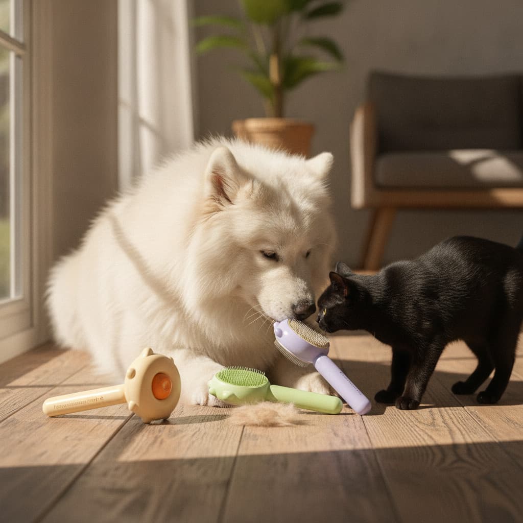 Pente Rasqueadeira Premium Pet Cães Gatos Tira Pelos Mortos Desembaraça Subpelos Cabo Ergonômic