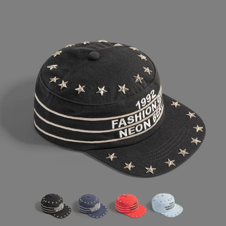 Boné Masculino Americano Vintage Topo Plano Bordado Letras Algodão Streetwear Viagem Diário Rebites Feminino