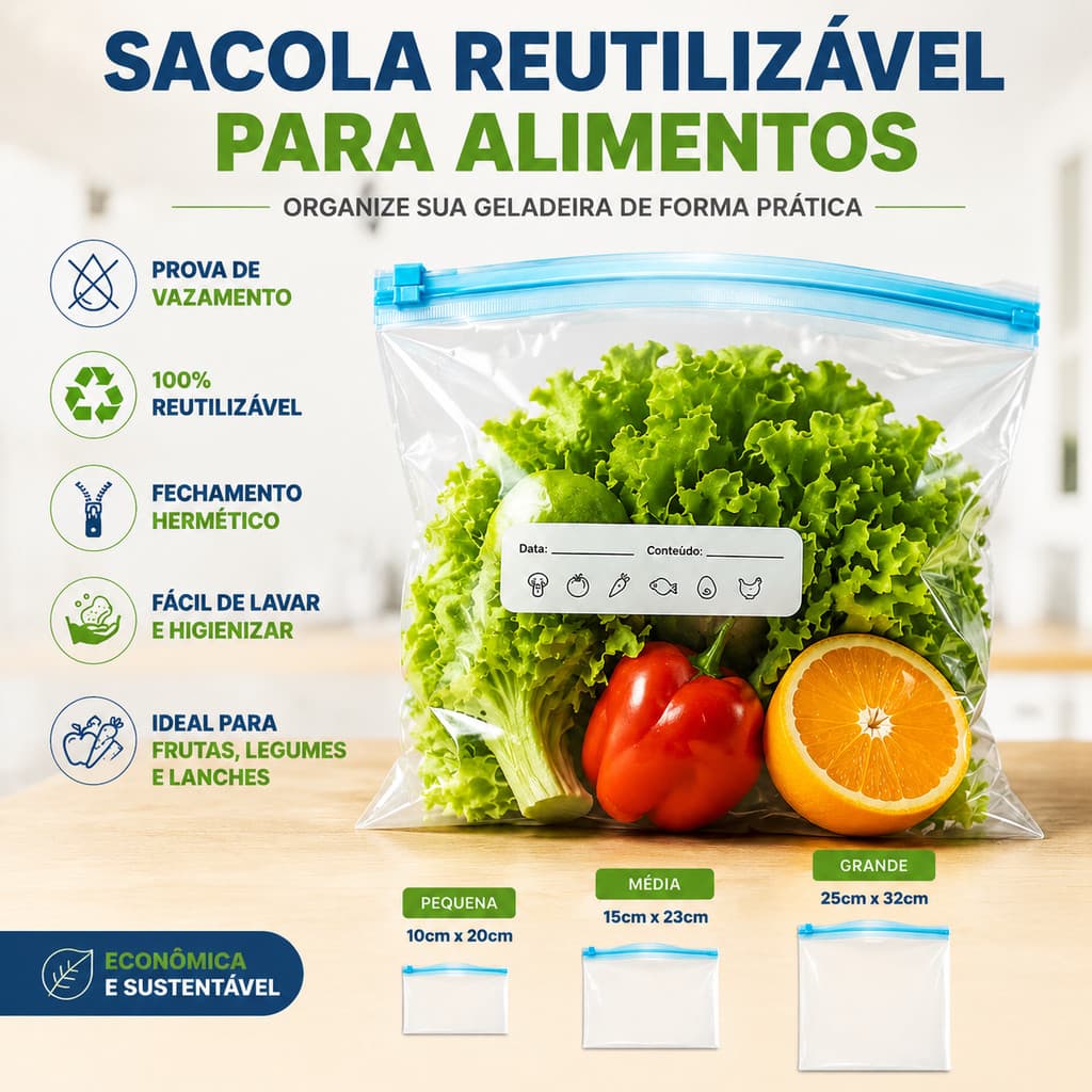 Kit 40 Sacos Herméticos para Alimentos Reutilizáveis Resistentes para Congelador Organização Cozinha