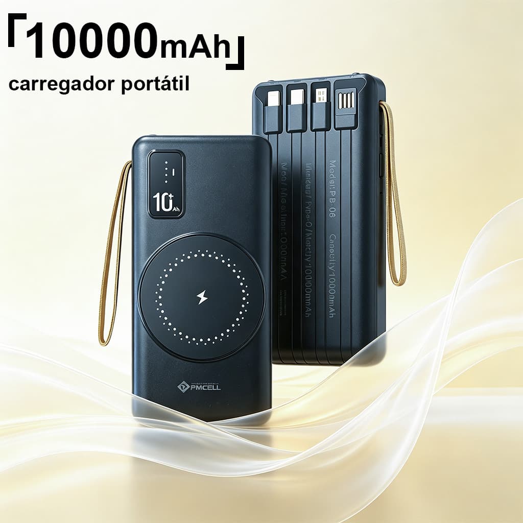 Power Bank 10000mAh Carregador Portátil Wireless 4 Cabos Integrados Display Digital/