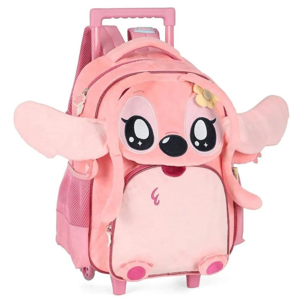Mochila Rodinha Premium Infantil Stitch Angel Pelucia Rosa Luxcel