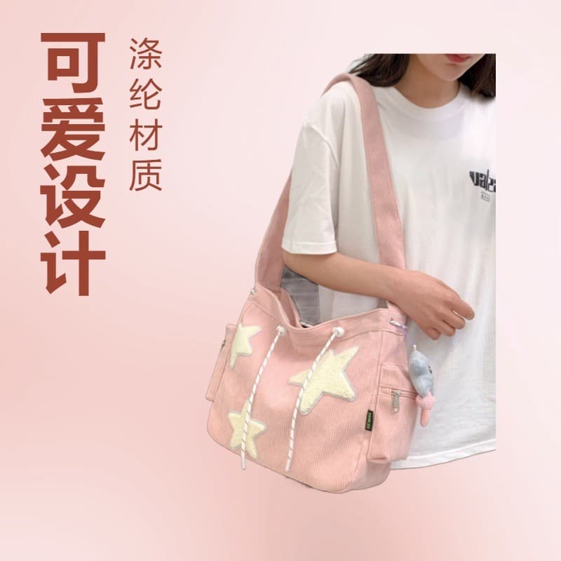 Bolsa tote de veludo cotelê com padrão de estrelas, elegante e fofa, de grande capacidade, para estudantes femininas, ad