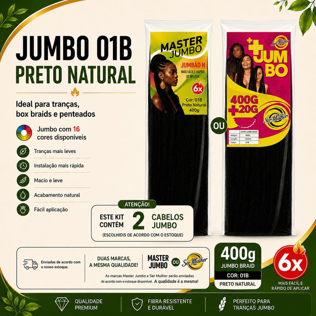 Kit 2 Jumbo 400g Cabelo Preto Natural 01B Sintético Para Tranças Box Braids Fibra Leve Várias Cores