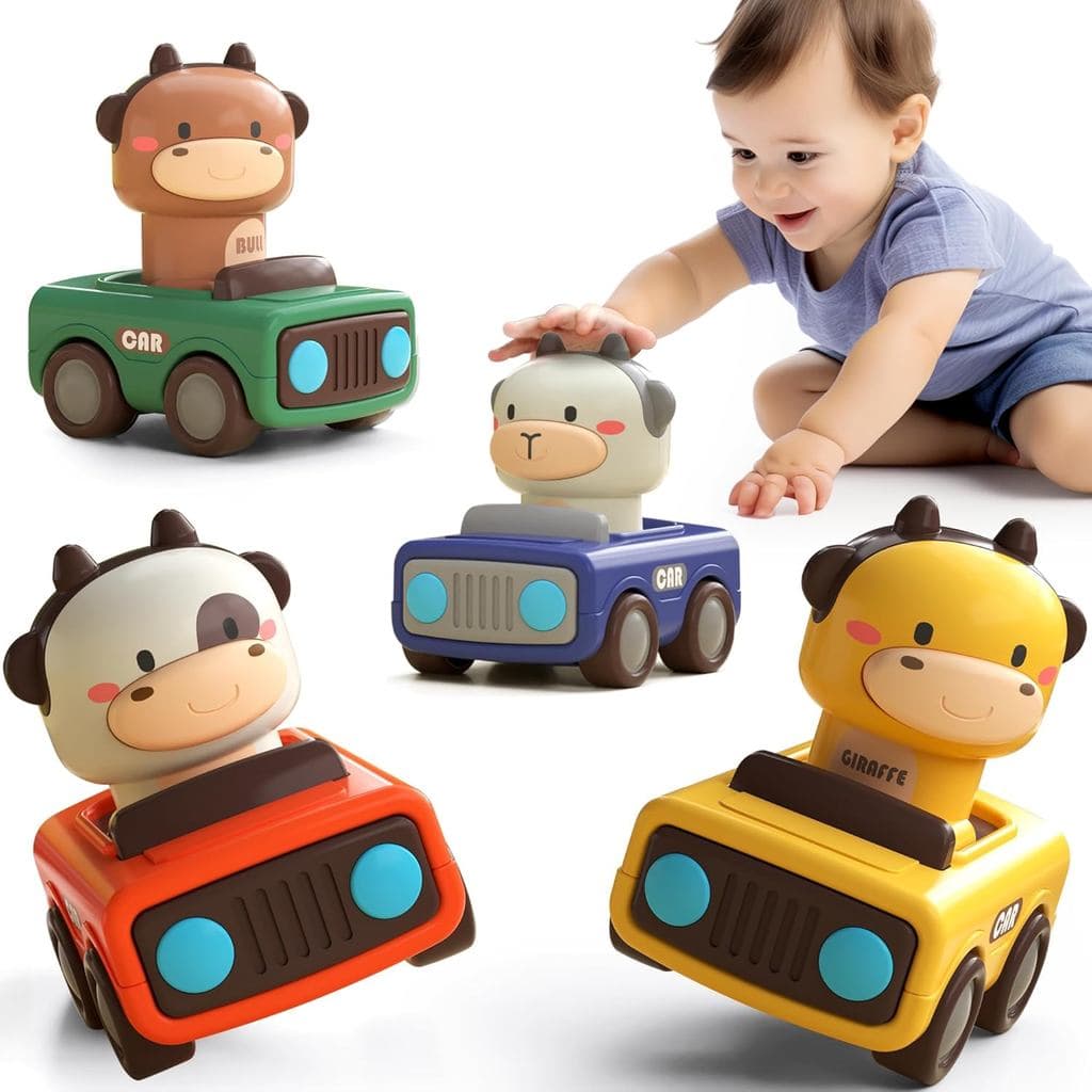 iPlay, iLearn Press to Go Car Toy, adequado para crianças de 1 a 3 anos, carro de corrida com tema de animais, conjunto