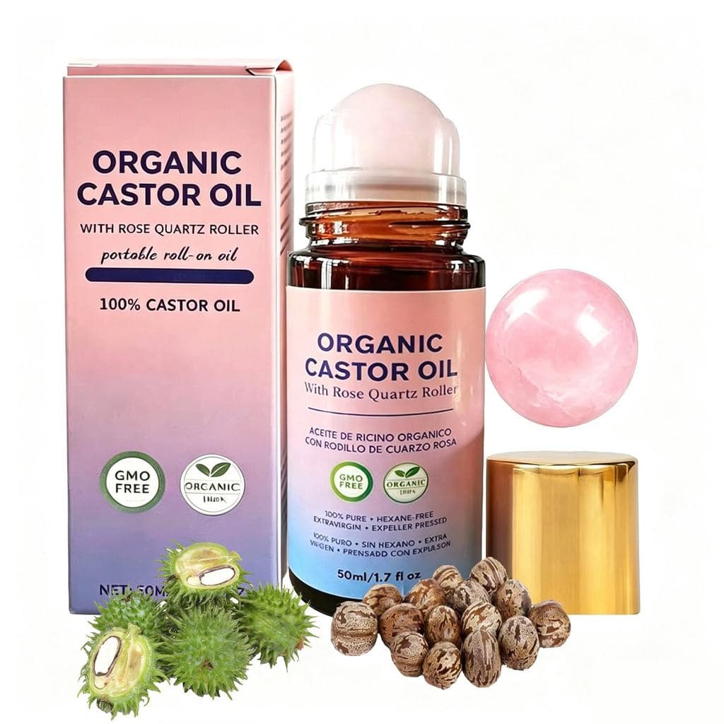 Óleo de Rícino Orgânico com Esfera de Quartzo Rosa, 1,7 fl oz |   100% Puro, Prensado a Frio, Roll-on com Quartzo Rosa,