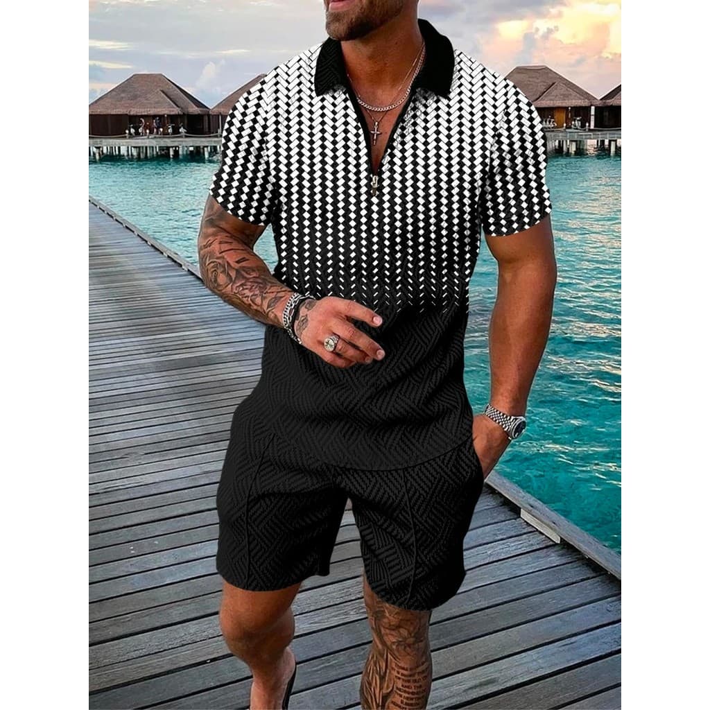 Novos Homens& # Conjunto de Verão com Camisa Polo de Manga Curta e Calções, Estampa 3D, Duas Peças, Tamanhos S-3XL