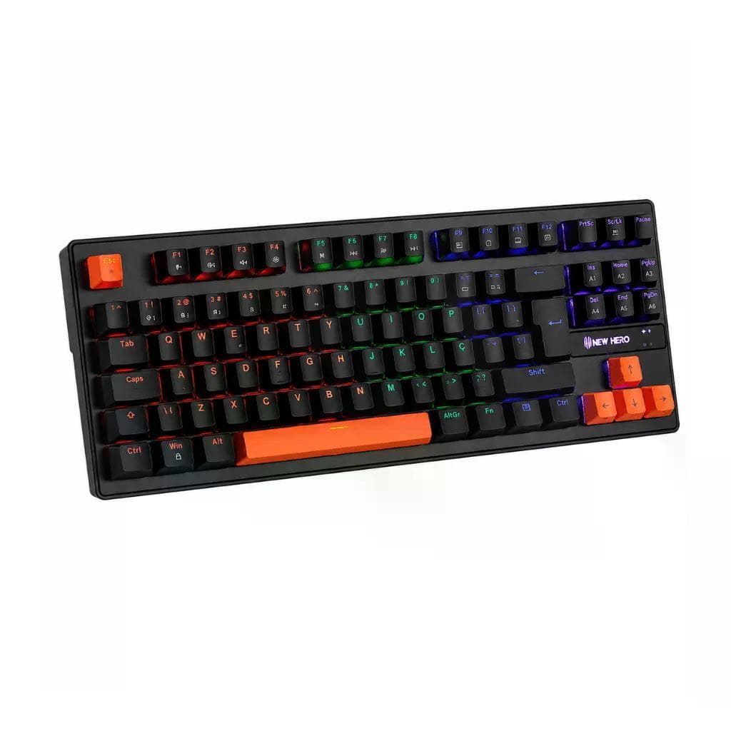 Teclado Gamer New Hero Commander, RGB, ABNT2, Switch Blue, TKL, Mecânico, Preto e Laranja, NH-KTCO-01