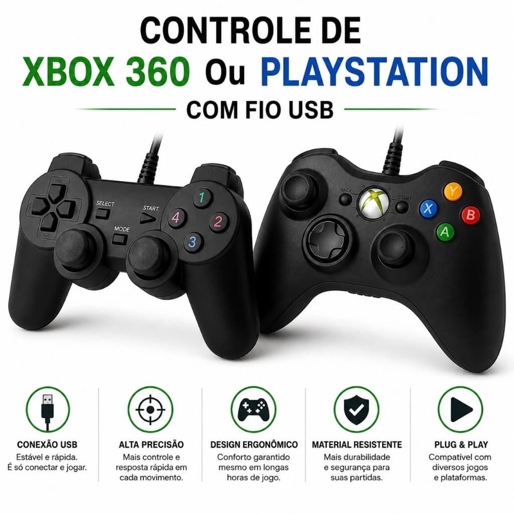 Controle De Xbox 360 ou Play Com Fio Usb Para Video Game e PC/ Fat E Pc
