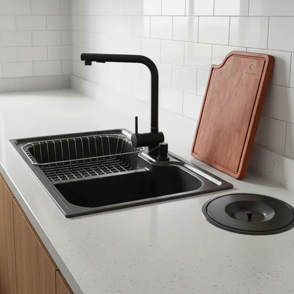 CUBA BLACK COZINHA 60X42CM + TORNEIRA PRETA TÁBUA E LIXEIRA