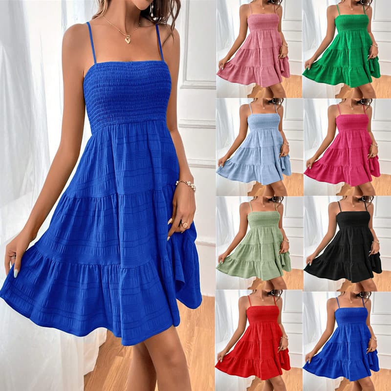 Sling cem roupas femininas europeu americano fino gola de cor sólida 2024 combinar novo estilo vestido texturizado verão