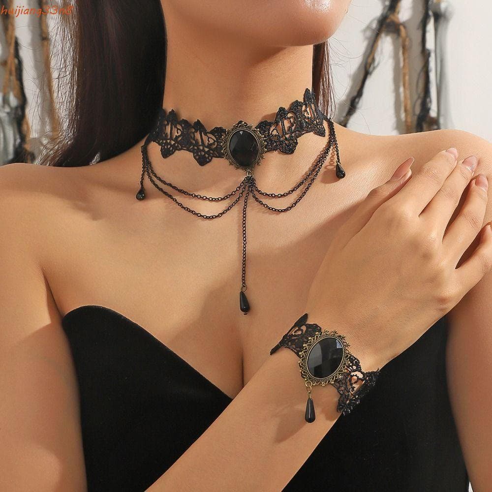 Conjunto de Joias de Renda Huijiang, Pulseira Exagerada, Colar de Halloween, Estilo Punk Gótico, Brincos Vintage MB25