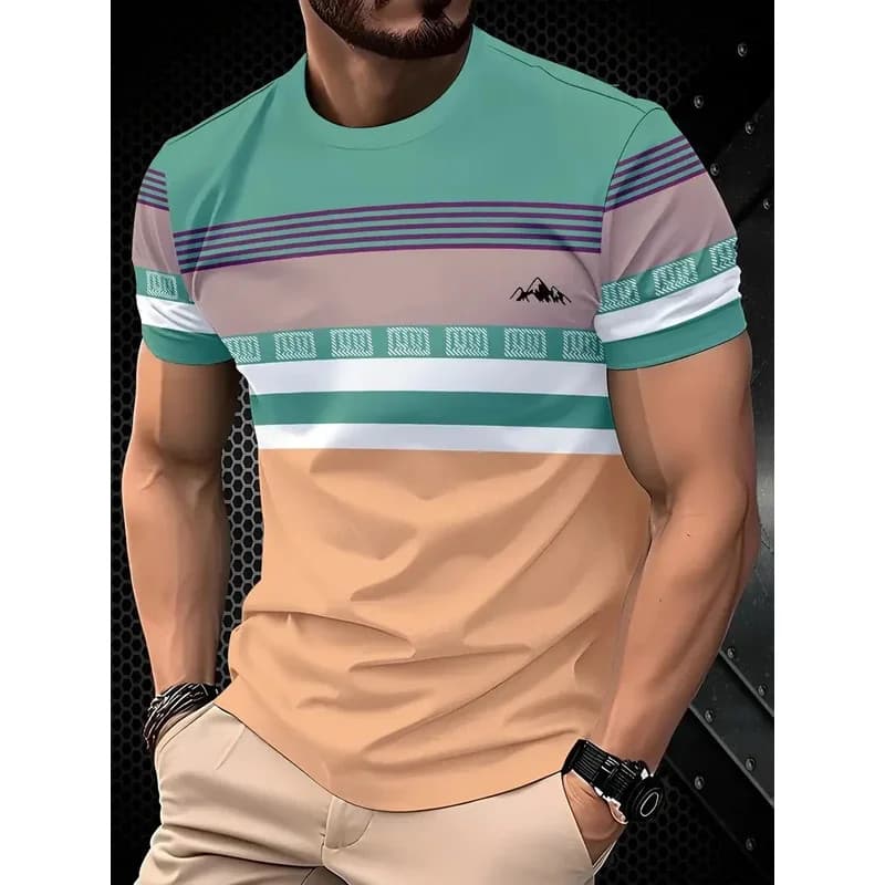 Camiseta Masculina Clássica De Verão : Blusa Externa De Manga Curta Com Gola Redonda E Estampa Listrada , De Rua Solta t