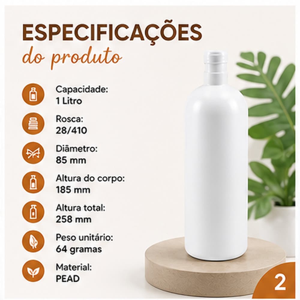 Kit 100 unidades Frascos Plastico PEAD 1 Litro Rosca 28/410 Hidraline ideal para cosmeticos