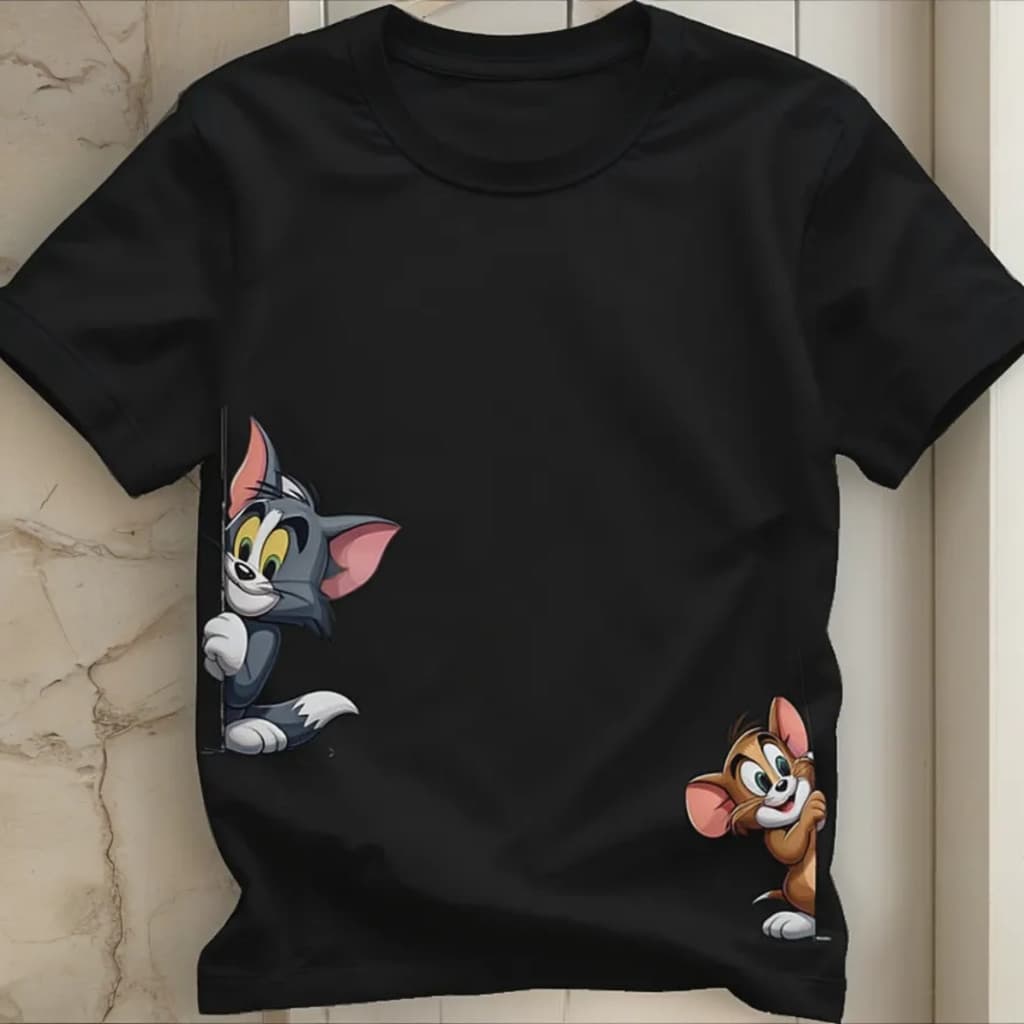 Camiseta Estampada DTF Tom Desenho Animado 100% Algodão Adulto e Infantil