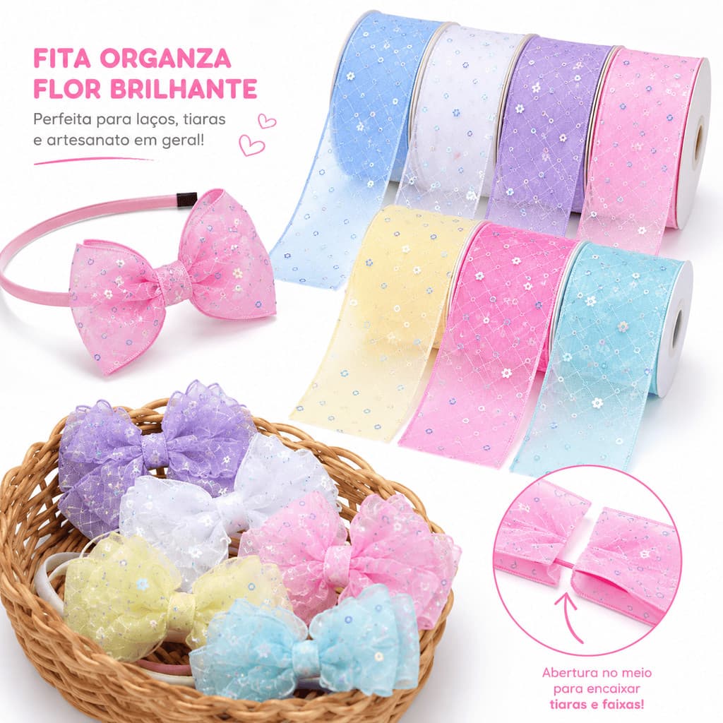 Fita Organza Flor Brilhante Yama 38mm Para Laços Tiara Franzida Scrunchie Artesanato e Customização 2 ou 5 metros