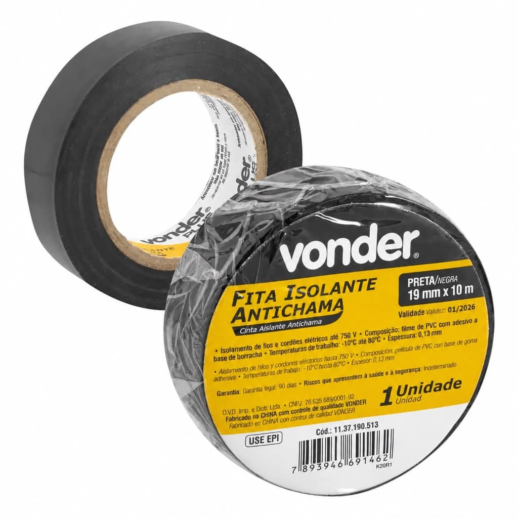 KIT 10 FITA ISOLANTE 19MMX10M PRETA VONDER - ALTA RESISTÊNCIA
