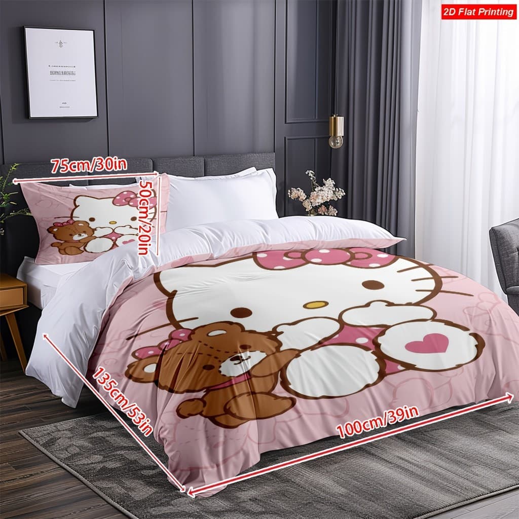 Pacote de 3 unidades Conjunto de cama Sanrio Hello Kitty, capa de edredão rosa de bolinhas abraço urso com