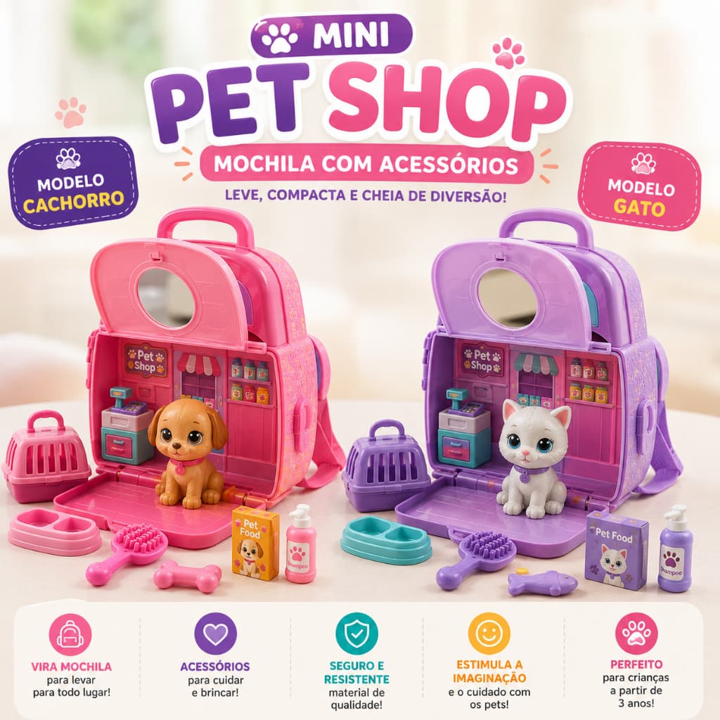 Brinquedo Mochila Meu Primeiro Pet Shop Infantil com Acessórios – Casinha Portátil de Cachorrinho e Gatinho