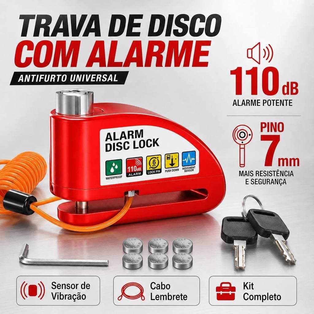 Bloqueador Antirroubo para Freio a Disco de Moto com Alarme 110dB, Sensor, Pino 7mm e 6 Baterias