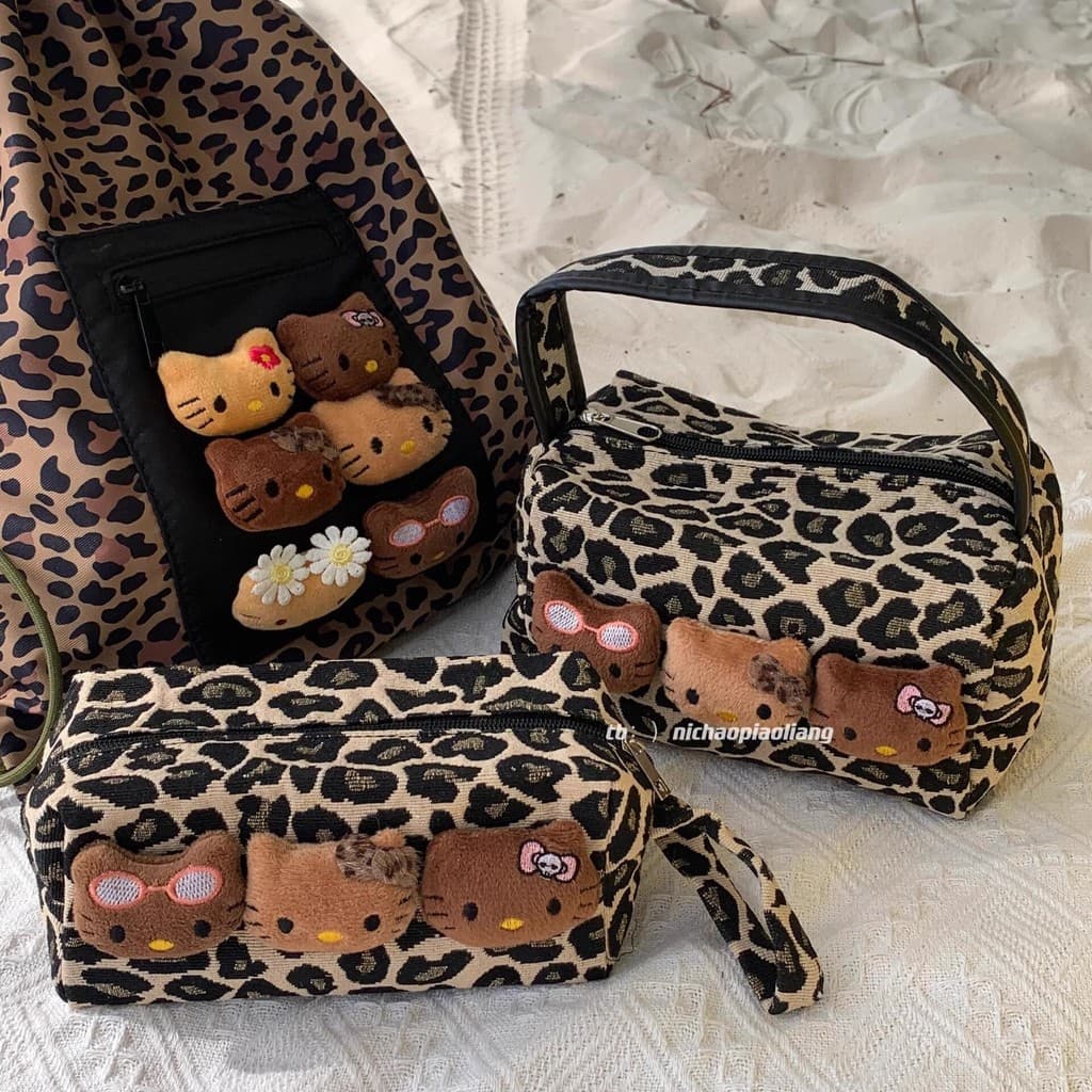 Bolsa cosmética portátil de couro preto com estampa de leopardo de alto valor Kt Meow Bolsa de higiene pessoal para viag