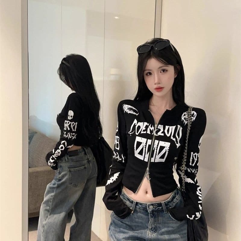 [Novo estilo] carta de manga comprida com zíper curto camiseta outono quente menina exterior Wear fino ajuste mais magro