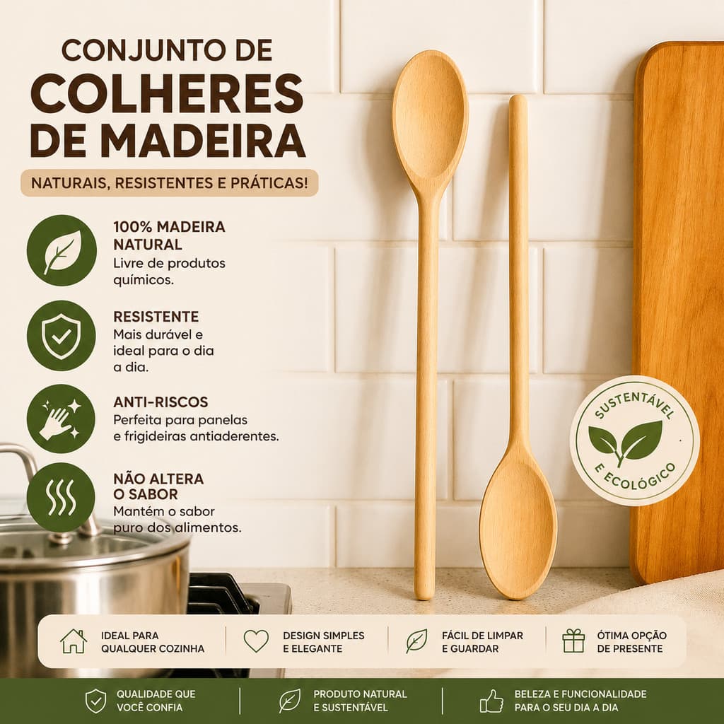 Kit 2 Unidades Colher de Pau para Cozinha