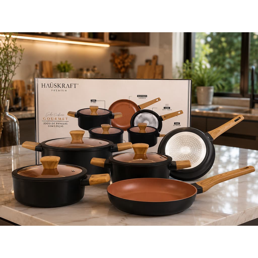 Jogo De 5 Panelas Revestimento Cerâmico Premium Hauskraft