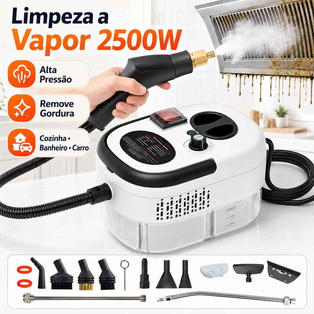 Limpador Vapor Alta Pressão 2500W Portátil | Para Cozinha, Banheiro, Sofá e Carro | Bivolt