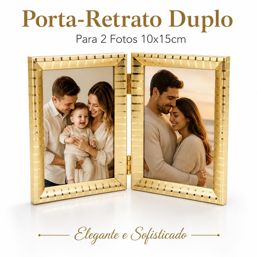 Porta-Retrato Duplo 10x15, Moldura Dupla Articulada, Porta-Retrato de Mesa Dourado para 2 Fotos