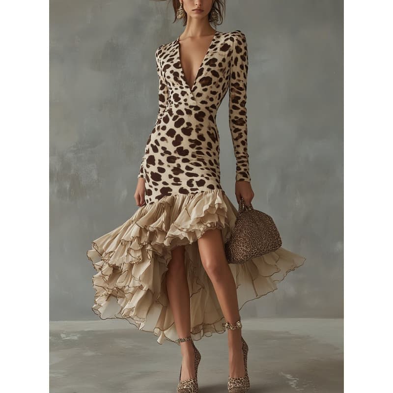 Estoque pronto Envio rápido Novo estilo europeu americano feminino estampa de leopardo manga comprida costura V impressã