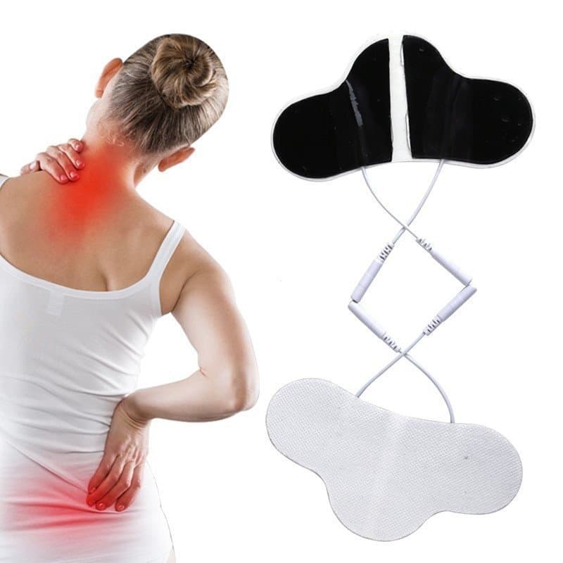 Dispositivo de tratamento digital para alívio da dor cervical, equipado com adesivos autoadesivos.