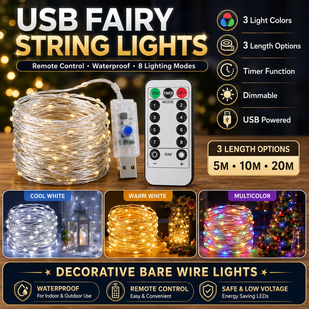 Luzes De Fadas Cintilantes Alimentadas Por USB Com Controle Remoto 8 Modos De Flash À Prova D'água Para Ambientes Intern