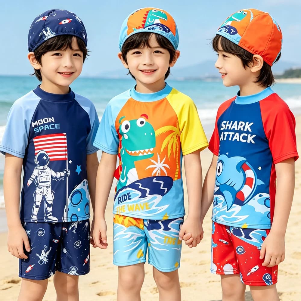 Roupas de Banho para Meninos 3 Peças Crianças de 3 a 12 Anos, Traje de Banho Engraçado para Meninos