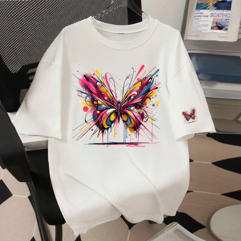 Camiseta Oversized Camisetão de luxo Larga Feminina Fofa Estampa Borboleta Confortável 100% Algodão