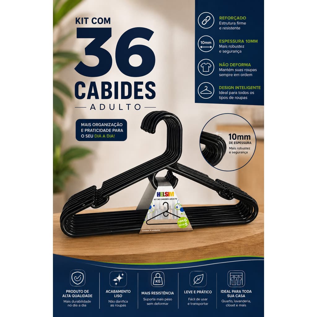 Kit 36 Cabides 10mm Extra Reforçado em Policarbonato Estrutura Grossa Lavanderia e Casa