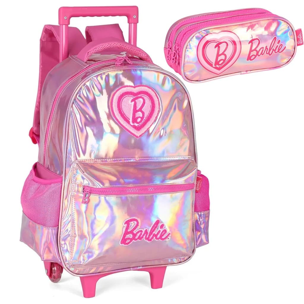 Kit Mochila Rodinhas Estojo Escolar Infantil Holográfica Barbie Rosa Luxcel