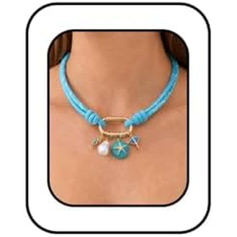Colar De Praia De Verão Para Mulheres , Boho Concha Estrela Do Mar Colares Pérola Cavalo Marinho Pingente Oceano Azul Co
