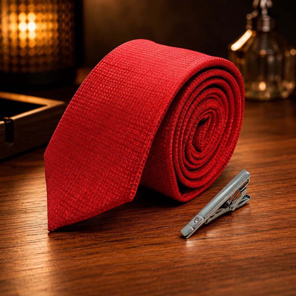 Gravata Slim Marrom Vermelho Quadriculada + Prendedor Slim