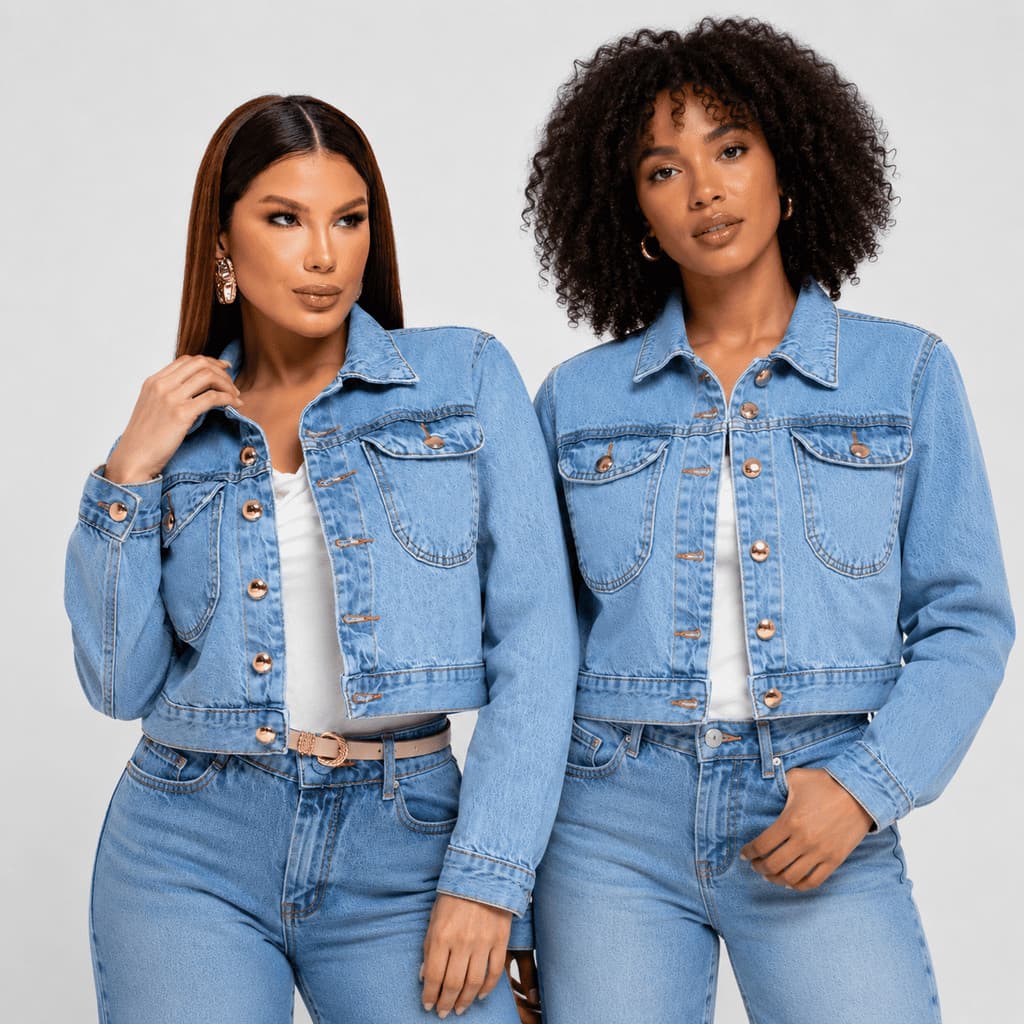 Kit 2 Jaquetas Jeans Femininas Cropped Manga Longa com Bolsos e Botões Dourados