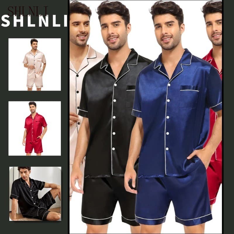 2 Peças/Conjunto Confortável Casa Pijamas Masculino Primavera Verão Botão Manga Curta Lounge Pijama